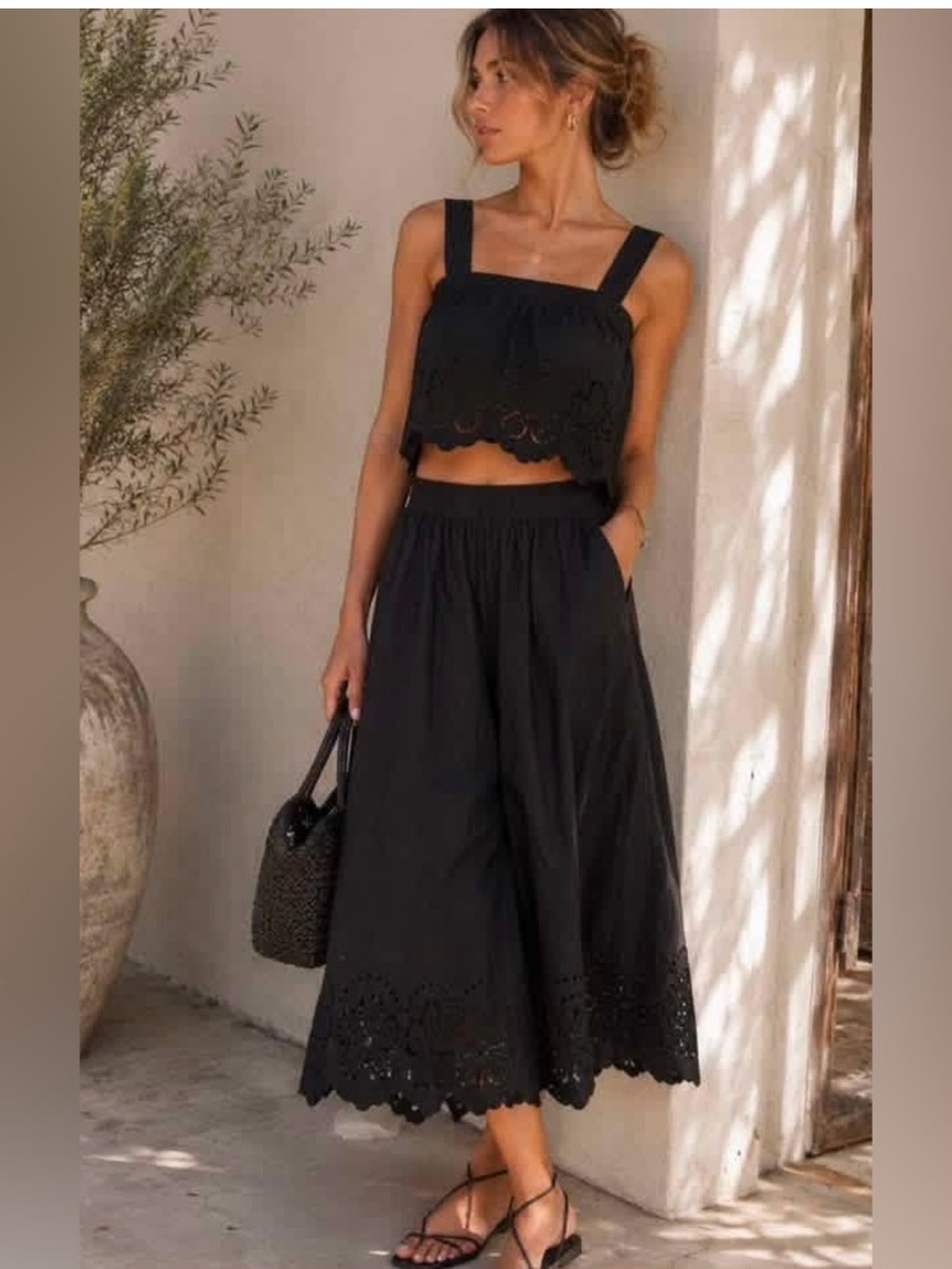 NWT Caroline Constas Black Eyelet Tank & Palazzo Pant Set